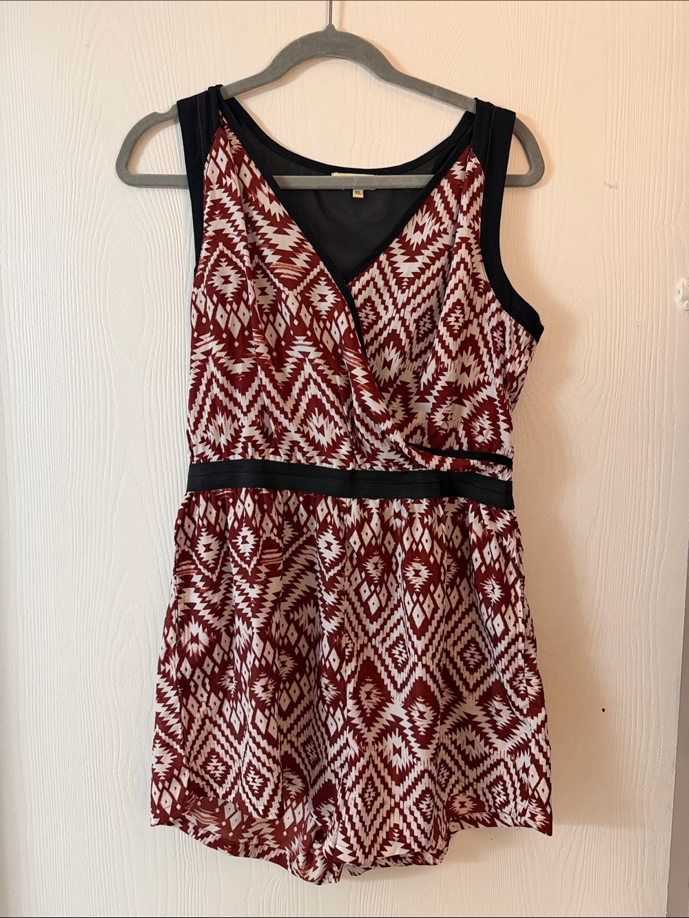 Sleeveless Burgundy & White Patterned Wrap Romper